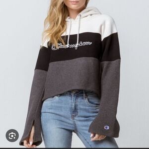 Champion Women's Cropped Colorblock Hoodie in White, Black & Charcoal